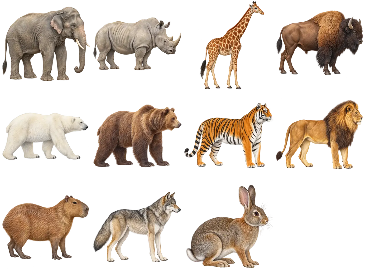 アジアゾウ、シロサイ、キリン、アメリカバイソン、ホッキョクグマ、ヒグマ、トラ、ライオン、カピバラ、ハイイロオオカミ、アナウサギのイラスト