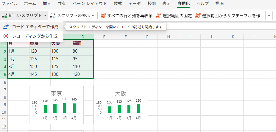 Excelの自動化タブからコードエディターで作成を選ぶ画面