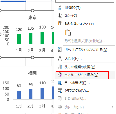 Excelのグラフを右クリックしてテンプレートとして保存を選ぶ画面