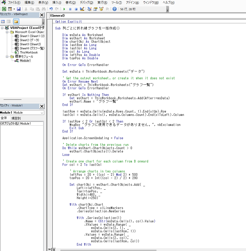 ExcelのVBA標準モジュールへグラフ一括作成コードを貼り付けた画面